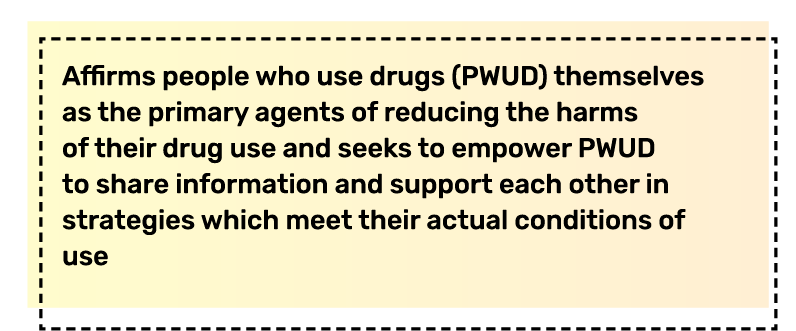 [Graphic] 8 Principles of Harm Reduction #6: Affirms people who use drugs (PWUD) themselves as the primary agents of reducing the harms of their drug use and seeks to empower PWUD to share information and support each other in strategies that meet their actual conditions of use